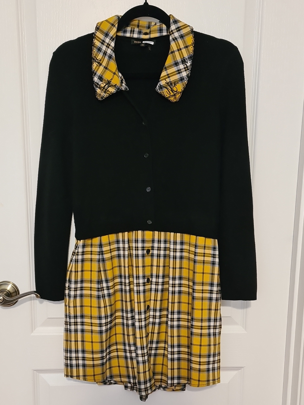 Maje - Black Knit Top with Yellow Plaid Skirt Dress